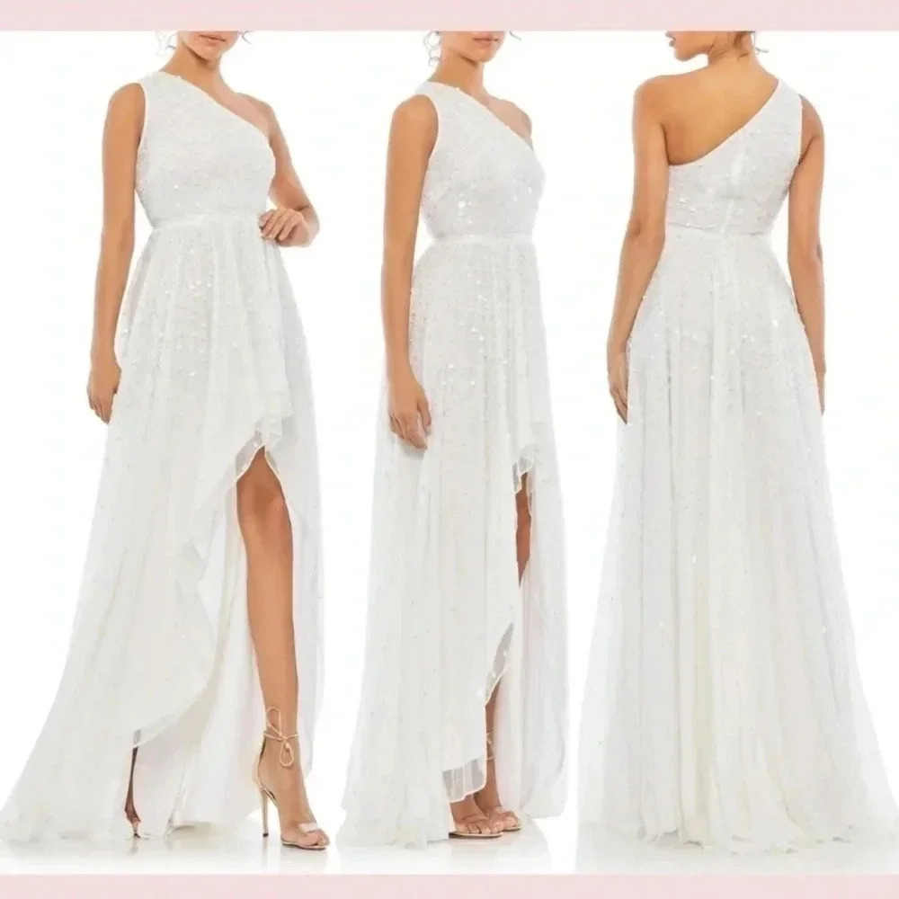 Mac Duggal 10825 Sequin One Shoulder High Low Gown SZ‎ 6 White